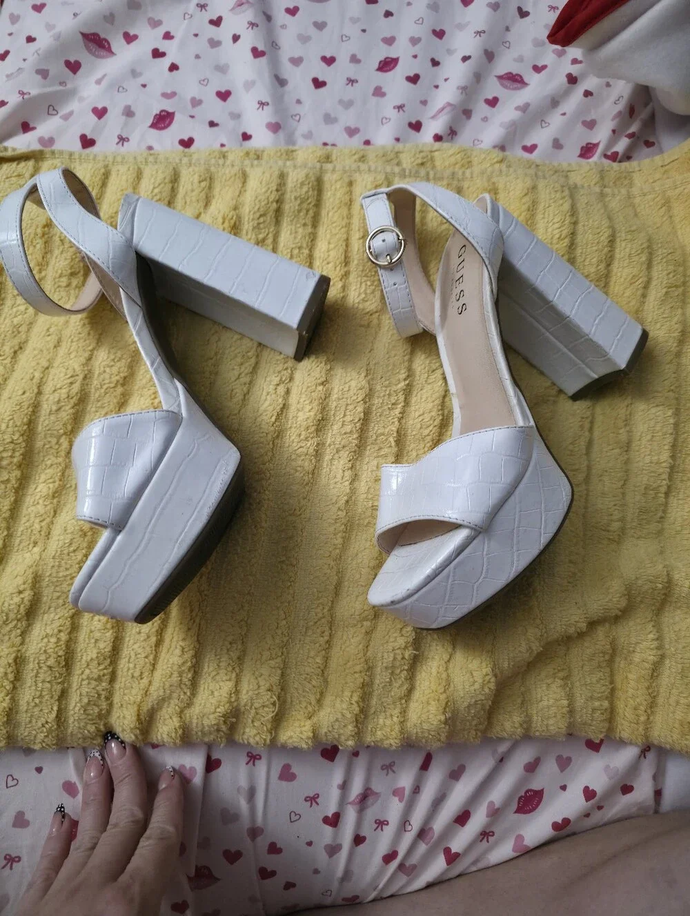 GUESS White Croc-Embossed Ankle Strap Block Heels